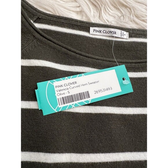 Pink Clover X Stich Fix Valencia Curved Hem Sweater Striped Olive/White SZ S - Picture 4 of 10